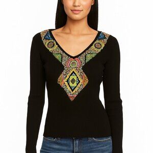 Berek Top Size Large Black Beads Embellished Ribbed Artsy Bling Jewel Stones